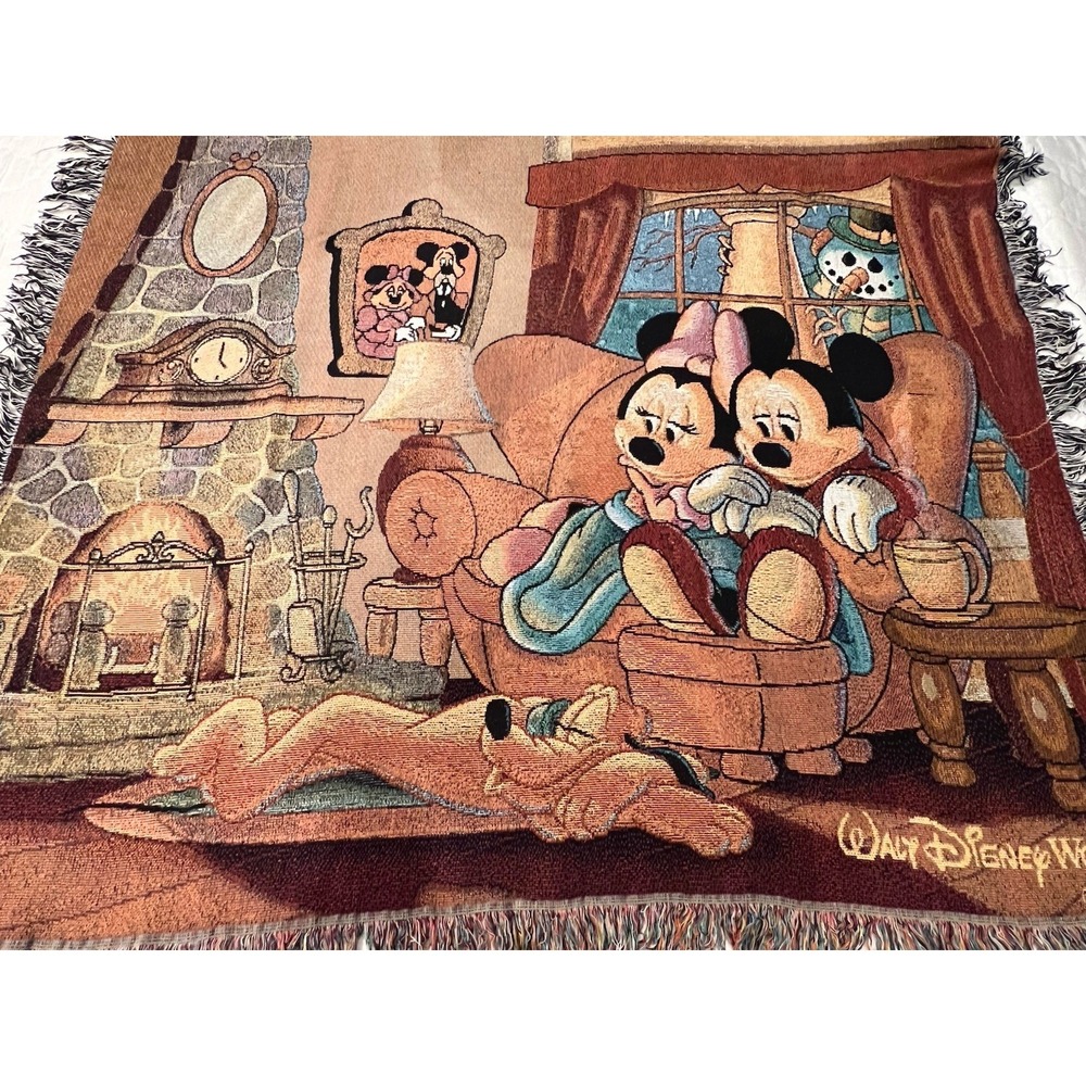 Disney World Woven Tapestry Throw Blanket Mickey Minnie Pluto Fireplace 50"x60"